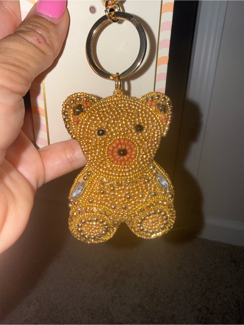 Beaded Teddy Bear Keychain - Gold Pink Accent